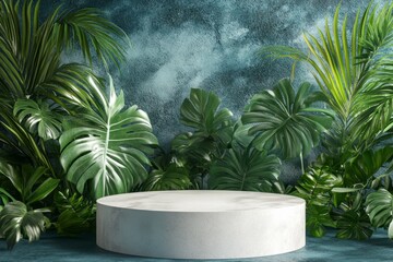 Tropical foliage backdrop, marble pedestal, product display