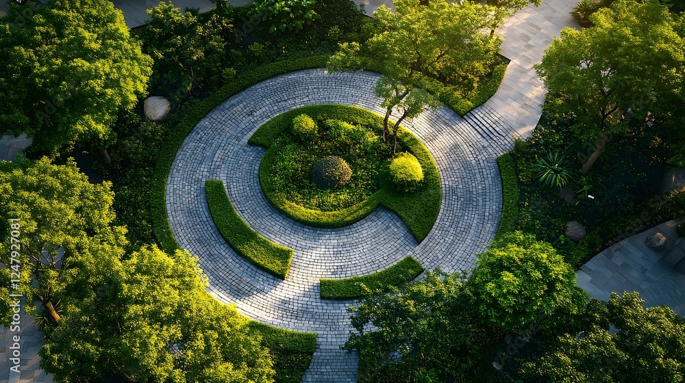 Poster cyclical design patterns circular garden design with a serene bench lush trees and beautiful nature 
