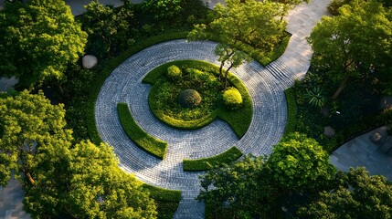 Cyclical design patterns circular garden design with a serene bench lush trees and beautiful nature surrounding it all