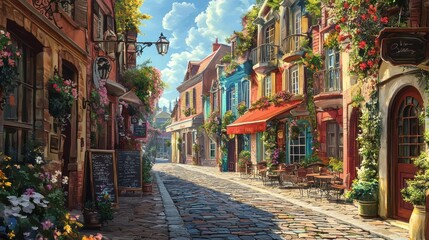 Obraz premium Charming European Street Scene: A Sun-Drenched Cobblestone Lane Filled with Vibrant Flowers and Quaint Cafes