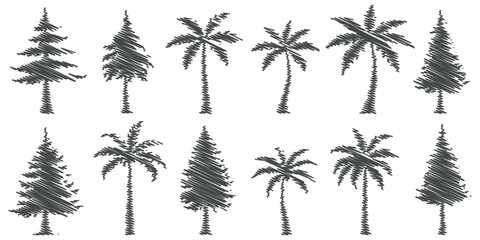 hand-drawn tree and palm tree sketch set, vintage tree and palm silhouette collection, botanical tree illustrations isolated
