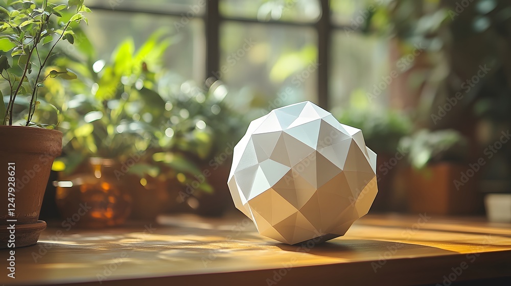 Aufkleber convex polyhedra convex polyhedra with sharp edges and a green plant in a pot on a wooden table back