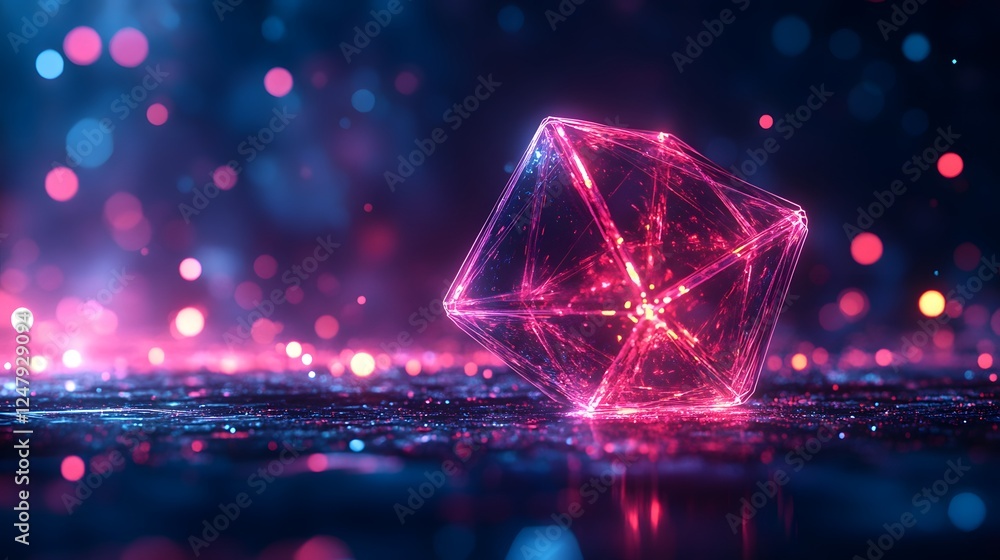 Poster computer graphics polyhedra dynamic polyhedra floating in a dark space glowing diamond surface abstr