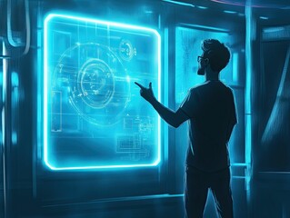 Person interacts with glowing digital blueprint.