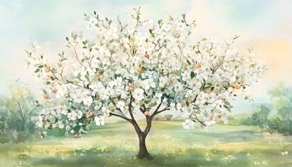 Obraz premium Watercolor painting shows a blooming fruit tree in a field