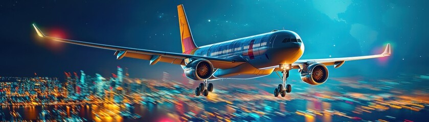 Fototapeta premium A vibrant airplane flying over a sparkling cityscape at night.