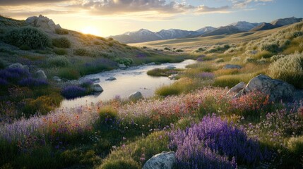 Fototapeta premium Tranquil River Flowing Through a Blooming Meadow at Sunset Serenity