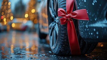 A stylish car tire adorned with a large red ribbon symbolizes a gift or special occasion. The image captures a sense of celebration and automotive elegance.