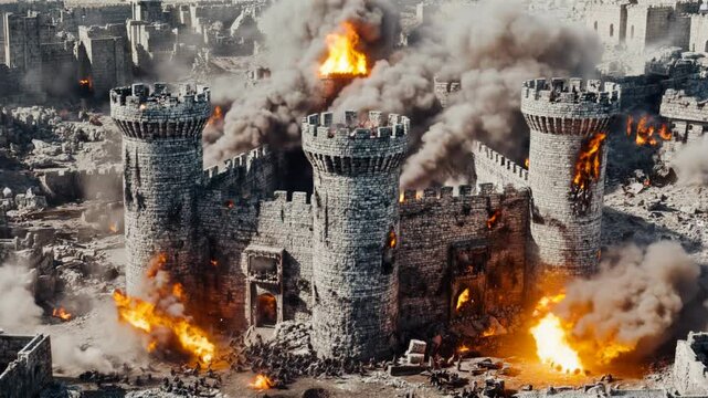 Burning Medieval Castle Under Siege With Fire And Smoke
