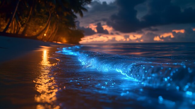 Bioluminescent oceans radiant waves illuminate the beauty of natures enchanting glow in the dark ocean surf at night