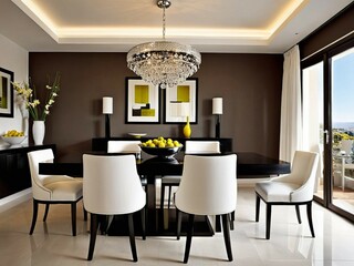 Diserño de comedor en tonos grises con estética visual limpia y simple