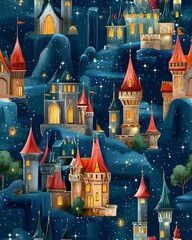 Seamless Pattern A whimsical illustration of enchanting castles under a starry night sky.