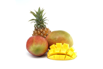 Fresh Pineapple and Mango Fruits Displayed with Cubed Yellow Mango on White Background