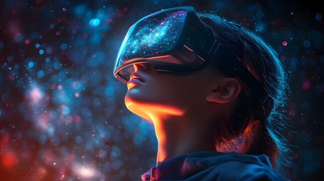 Augmented stargazing reveals constellations in woman wearing virtual reality headset at night - Powered by Adobe