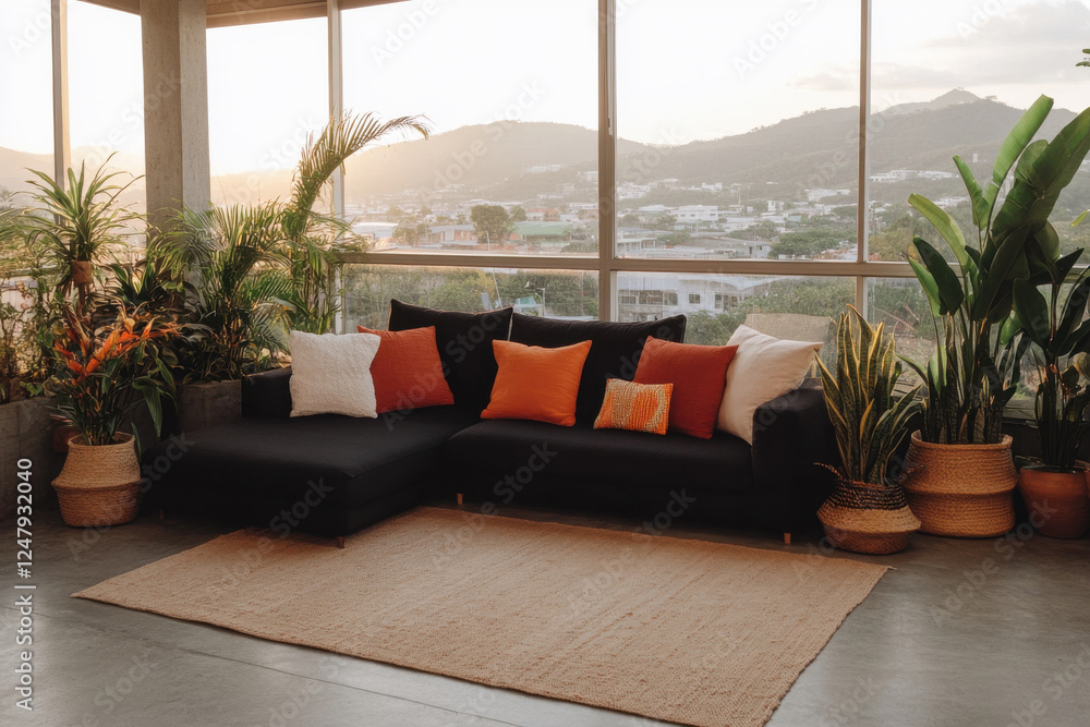Poster a black couch with orange pillows sits in front of a window with a view of the c