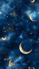 Naklejka premium Seamless Pattern Deep navy sky with scattered golden moons and stars for creative backgrounds.