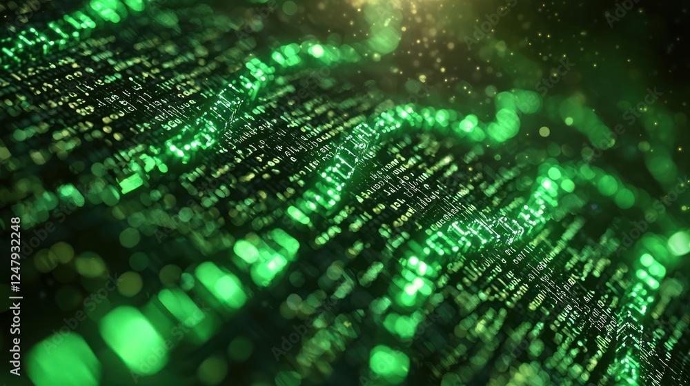 Poster glowing green digital code stream on dark background with light particles