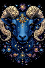 Naklejka premium A blue ram with gold decorations on its face. The ram is surrounded by stars and flowers. The image has a dreamy, mystical feel to it