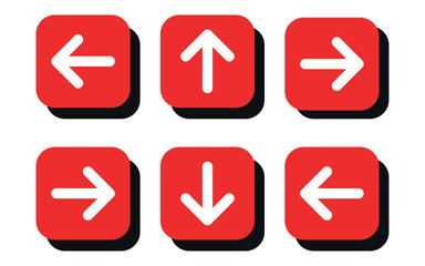 red arrow icons set, navigation button symbols, directional arrow keys for UI and UX design, interface control buttons for digital application