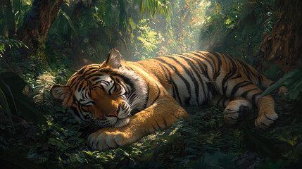 Tiger wildlife lie down on his stomach sleeping nap in crouching prone position background deep tropical jungle rainforest forest