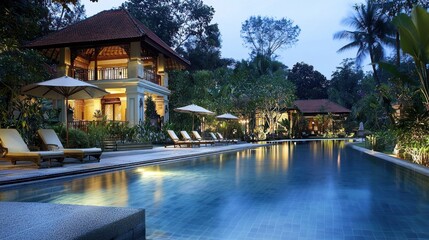 Obraz premium Luxury Resort Poolside Serenity at Dusk
