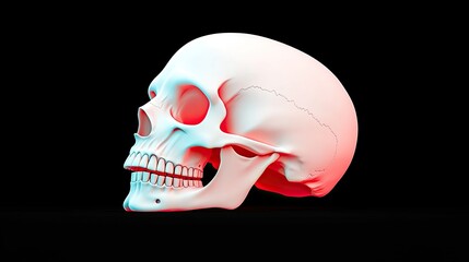 3D rendering of a human skull in profile view, showcasing detailed anatomical features against a dark background