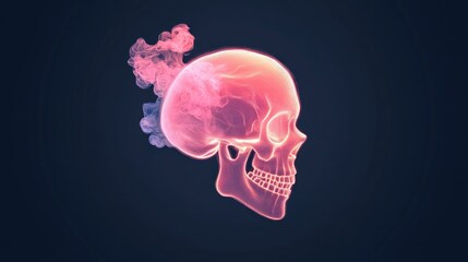 Ethereal glowing skull with smoke emanating from the top, set against a dark background
