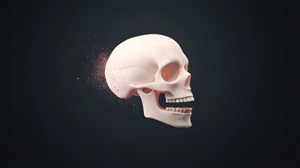 A detailed side view of a human skull with particles dispersing, set against a dark background