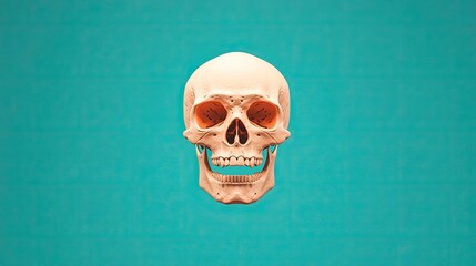 Realistic human skull model on a vibrant teal background with subtle texture, ideal for educational use