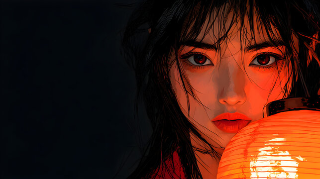 Captivating Portrait of a Woman with Expressive Eyes, Traditional Attire & Lantern in Dark Background, Emphasizing Warm Colors, Intensity, Emotional Depth, and Artistic Realism