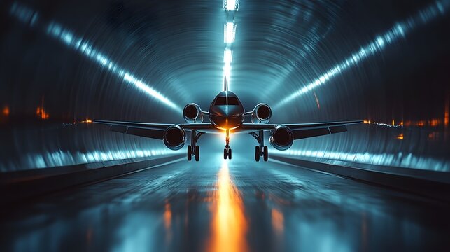 Aerodynamic forces model airplane flies through a tunnel showcasing the principles of flight and air dynamics in action
