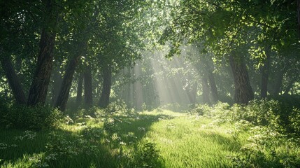 Fototapeta premium Sunbeams Dancing Through a Lush Forest