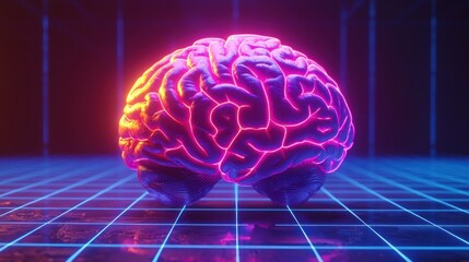Glowing human brain, digital grid background, neural network concept, medical illustration