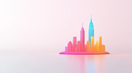 Vibrant gradient city skyline silhouette featuring iconic buildings against a soft pastel background