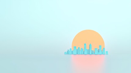 Minimalist city skyline silhouette against a pastel sunset with calm reflections