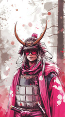 Fototapeta premium Epic Samurai Warrior in Vibrant Armor with Katana and Horned Helmet: A Bold Fantasy Illustration of Strength, Tradition, and Courage in a Dramatic Forest Landscape