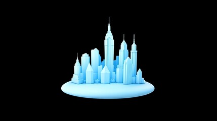 3D blue skyline representation featuring iconic skyscrapers on a floating platform