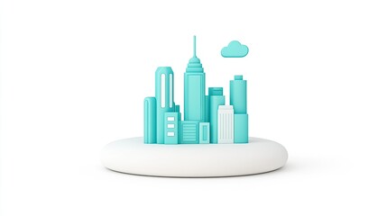 Modern turquoise city skyline with stylized buildings on a white base and cloud