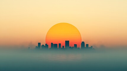 Vibrant sunset over a city skyline, silhouetted against a golden sun and misty atmosphere