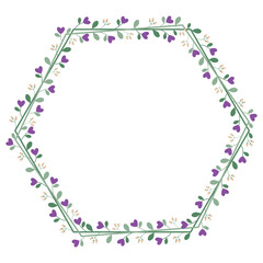 Lovely Green Hexagonal Wreath Or Borders Frame With Purple Love Flowers And Leaves