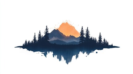 Serene mountain landscape with vibrant sunset reflecting on calm water, surrounded by trees