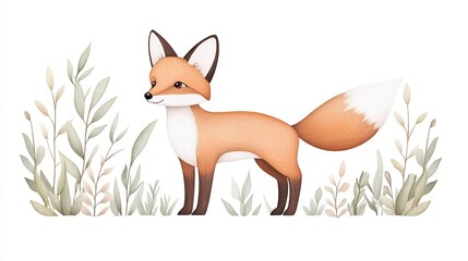 Cute illustrated fox standing among soft green foliage in a minimalist style, perfect for children's decor