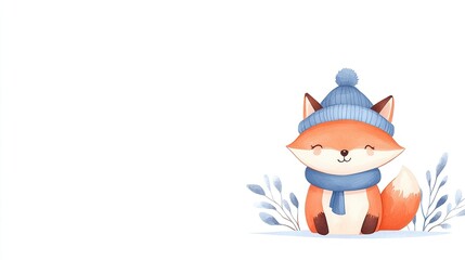 Cute cartoon fox wearing a blue hat and scarf, surrounded by winter foliage in a snowy scene