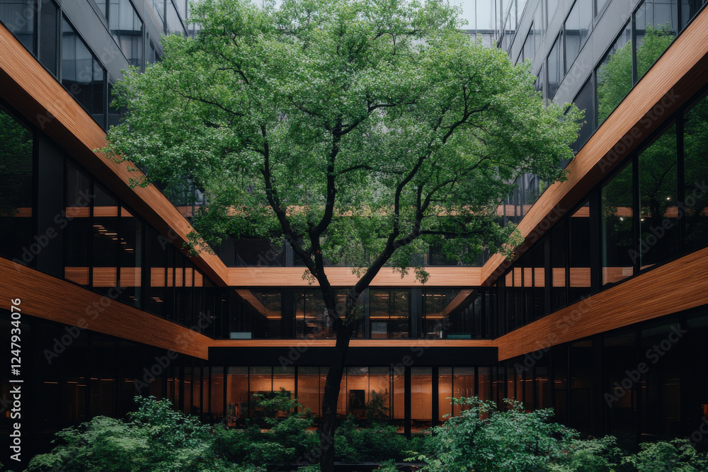 Poster a tree is growing in the middle of a building with many windows
