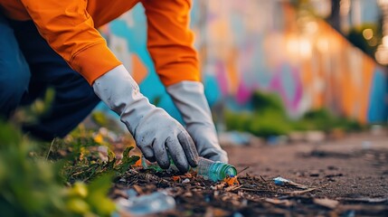 Person in Orange Shirt Collecting Litter in Urban Environment