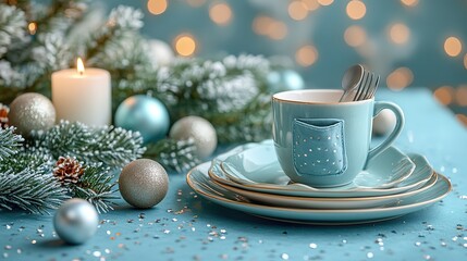 Cheerful New Year's kids table decor. plates, a playful pocket utensil holder, a mug, balls, a candle, sparkle confetti, frosty fir twigs, and mistletoe berries on a blue backdrop with ad space.