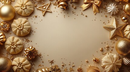 Chic Purim announcement featuring an hamantaschen, a Star of David, decorations, golden masquerade masks, a bow tie, and party favors on a neutral background with a circle for your message.