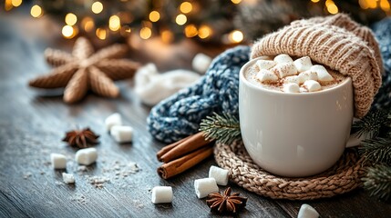 Fototapeta premium Christmas concept. a hat, scarf, mittens, for branches, a wicker star, a cup of hot drink with marshmallows, mistletoe berries, anise, and cinnamon sticks on a wooden desk background, with copyspace
