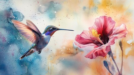 Hummingbird in flight near a hibiscus flower watercolor illustration