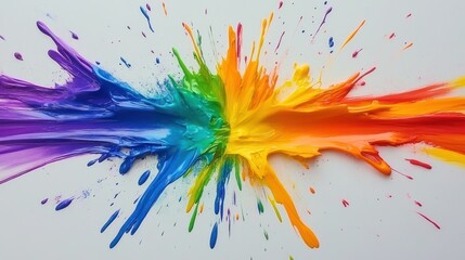 Vibrant rainbow paint explosion on white background.